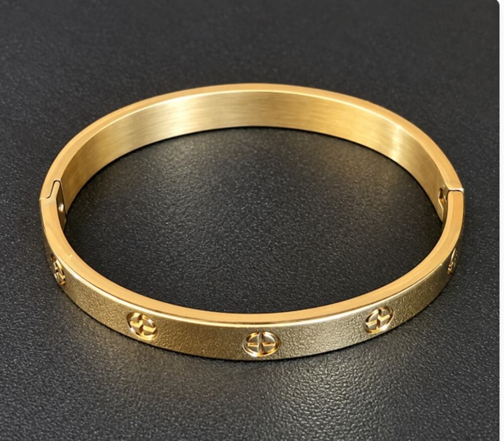 Gold Tone Bangle Snap Bracelet Circular Screw Accents